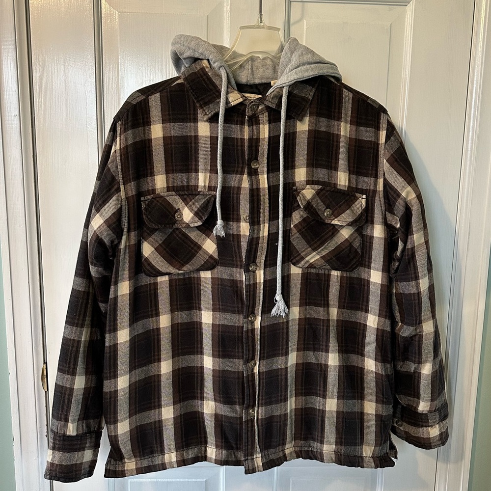 Red Head Quilted Flannel Jacket With Hood Full Zipper Brown Plaid